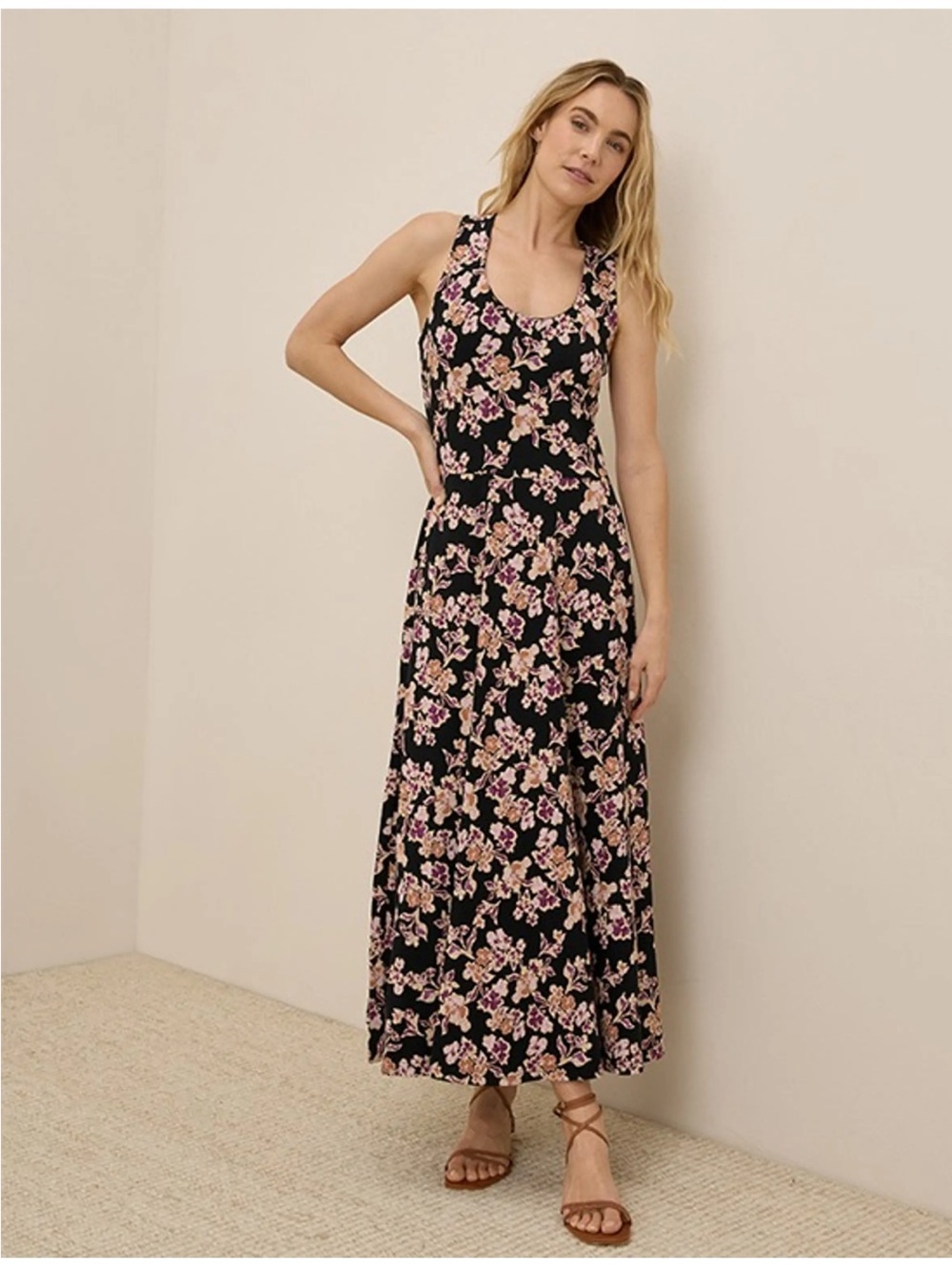 Pact Fit & Flare Cross Back Maxi Dress in Scattered Posies Black Floral Small